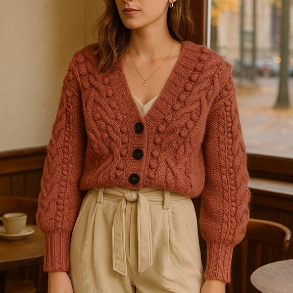 Sea New York Sweaters - Sea New York Pink Cable Knit Wool Alpaca Blend Balloon Sleeve Cropped Cardigan X